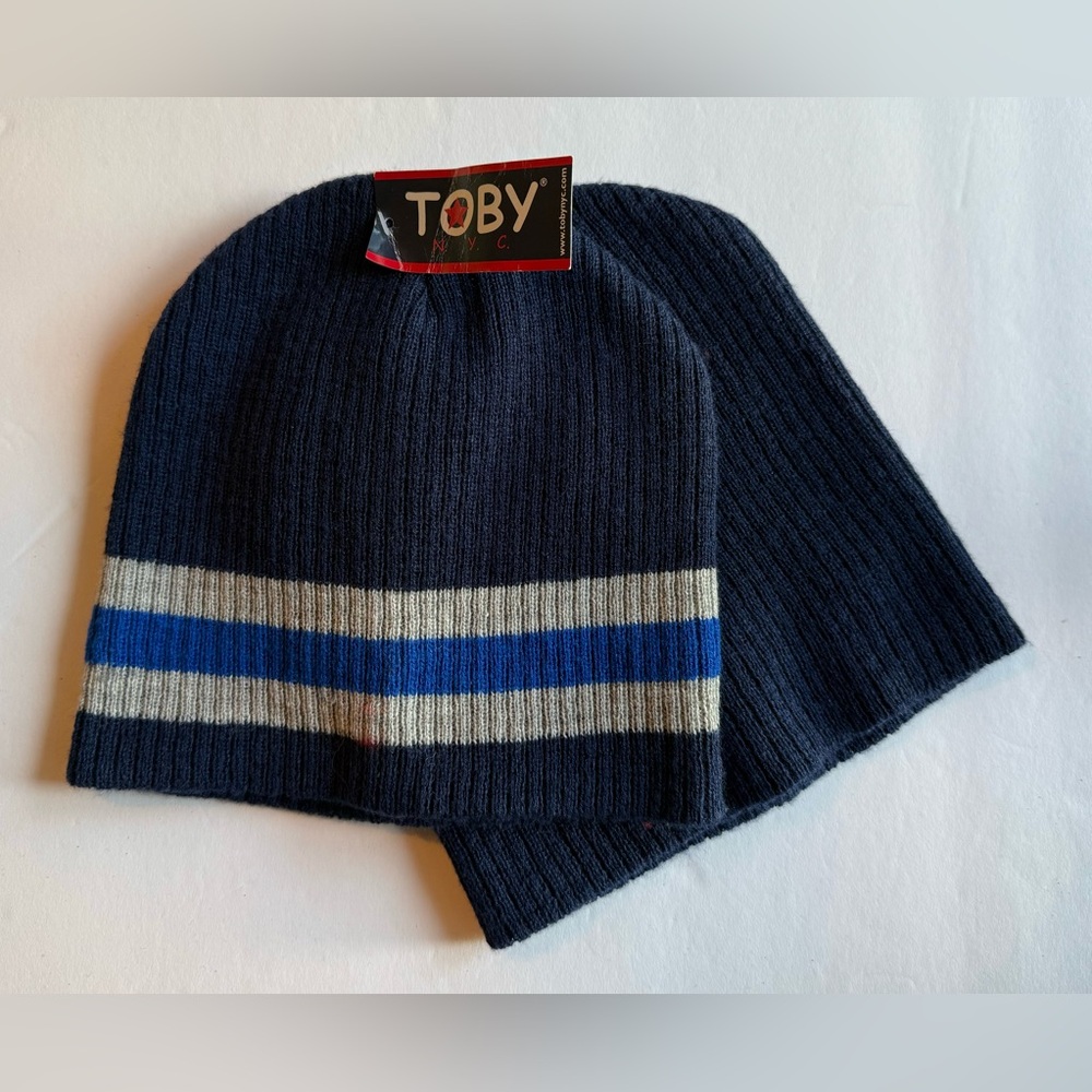 Toby NYC Set of 2 Boy’s Blue & Striped Beanie Hats, Youth Size 4-20